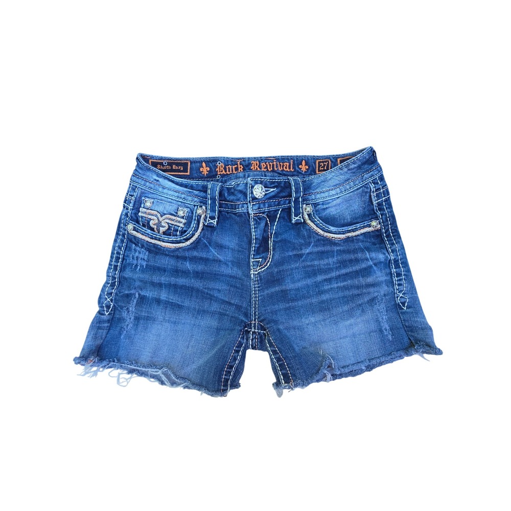 Rock Revival Emilie Easy Denim Shorts Medium Wash Blue Embroidered Size 27